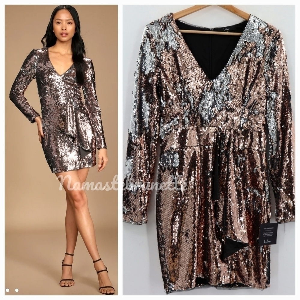 Nwt Lulu's XS Rose Gold Multi Reversible Sequin Mini Dress
